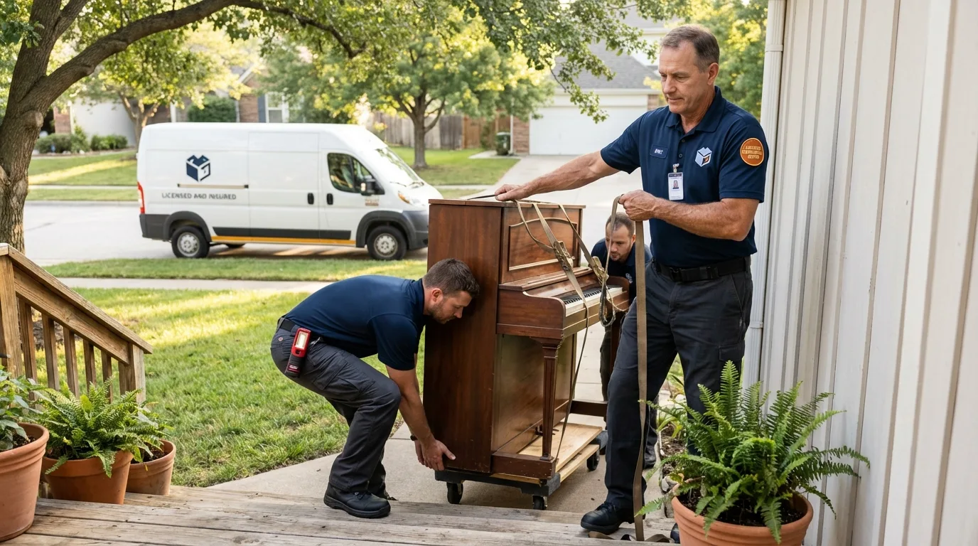 Licensed piano movers securing grand piano in Egg Harbor City, NJ