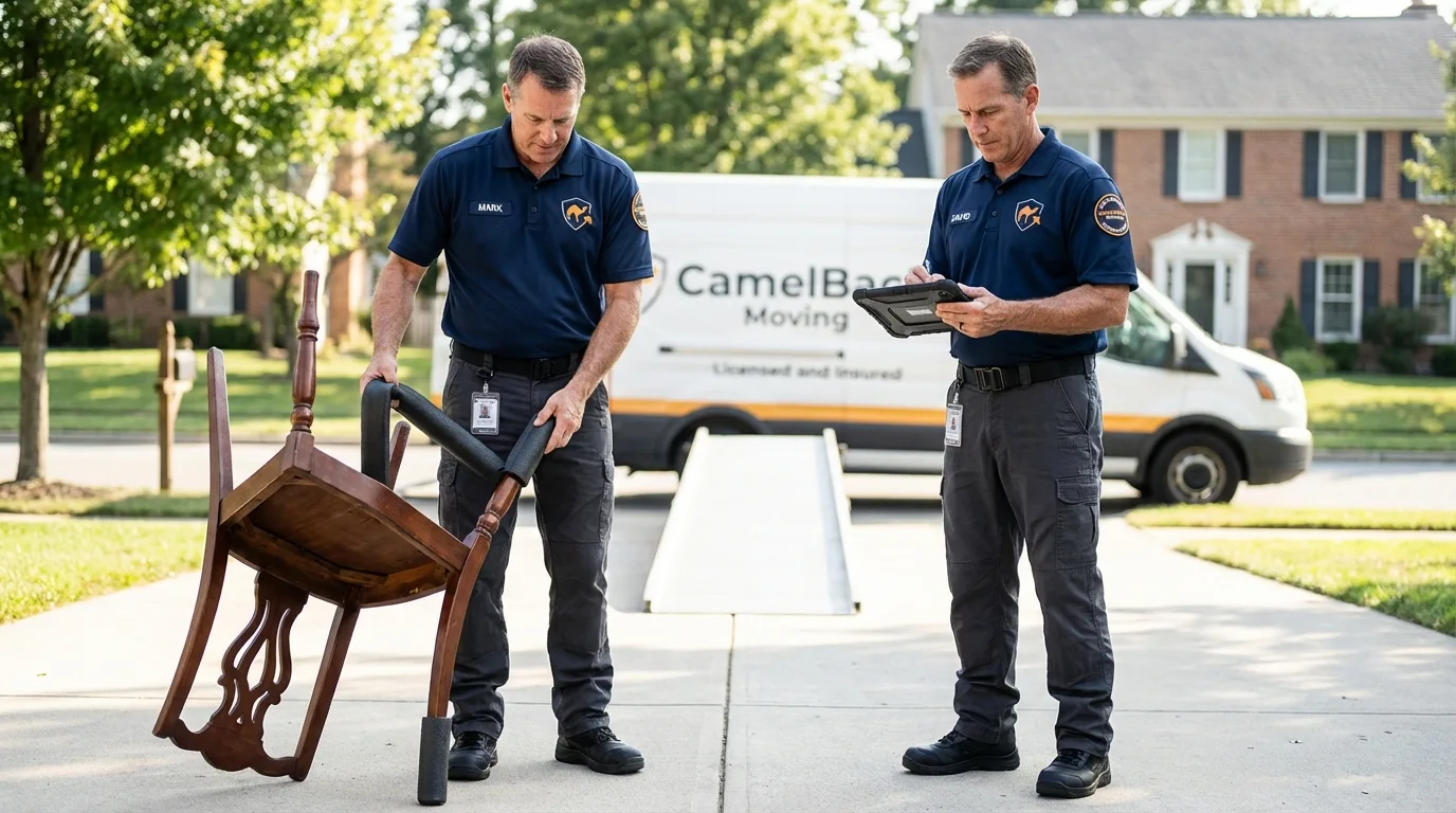 Movers inspecting furniture for damage prevention before loading in Egg Harbor City, NJ