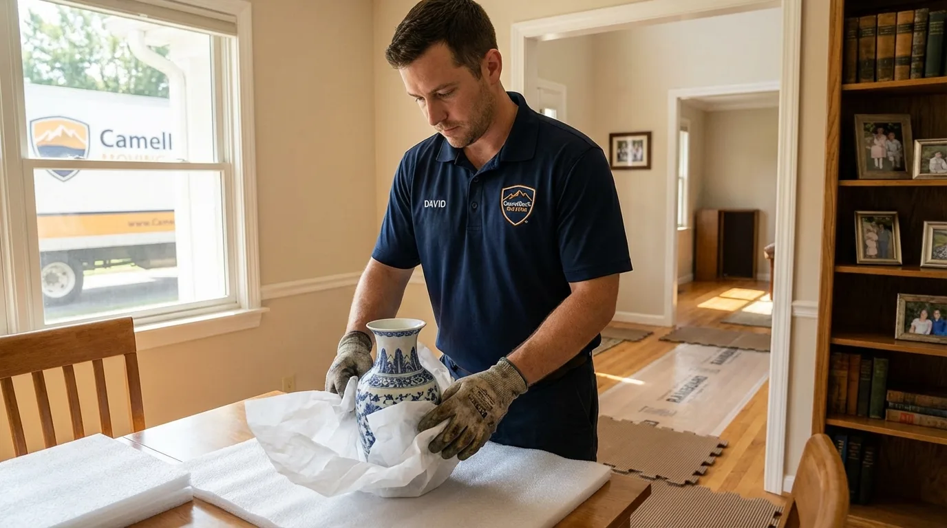 Professional crew carefully wrapping antique vase for senior downsizing move in Egg Harbor City, NJ